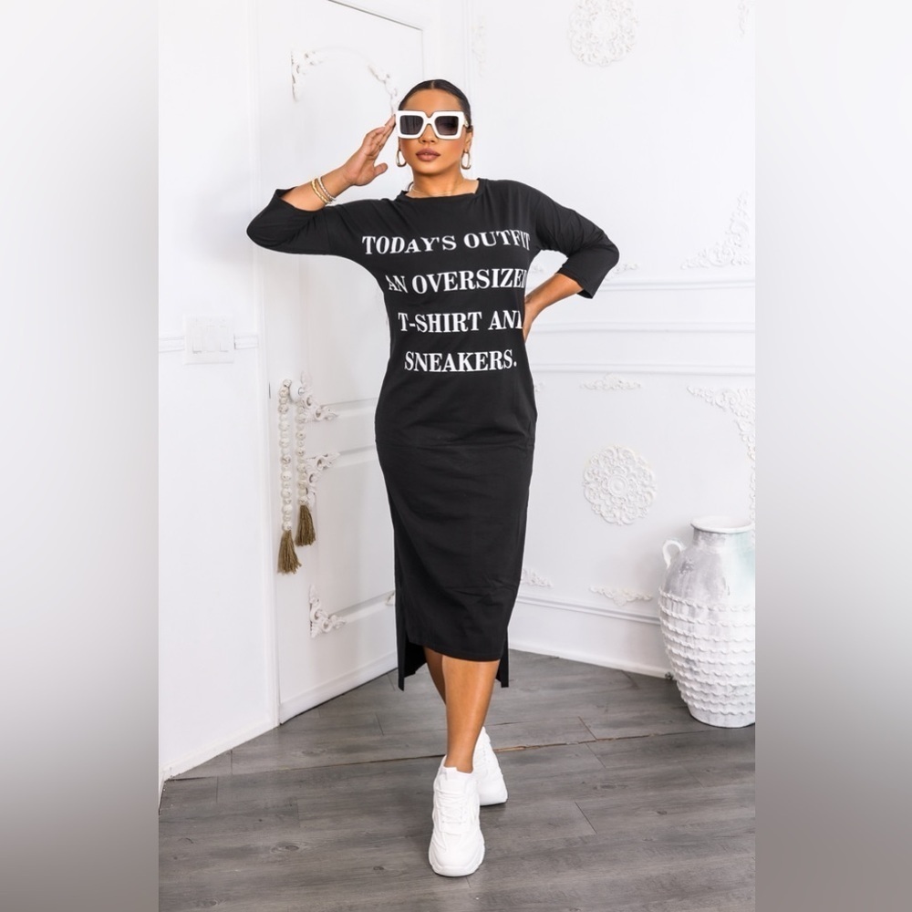 Black Midi dress today outfit is an oversized tee and sneakers type - Picture 3 of 4
